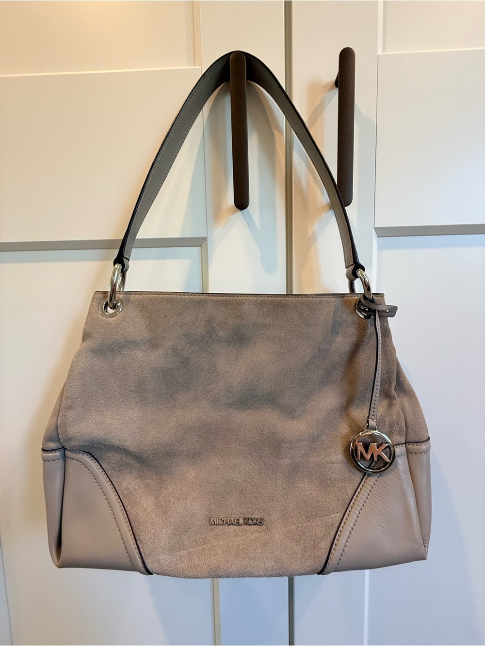 Michael Kors Gray Suede & Leather Shoulder Bag with Silver Hardware